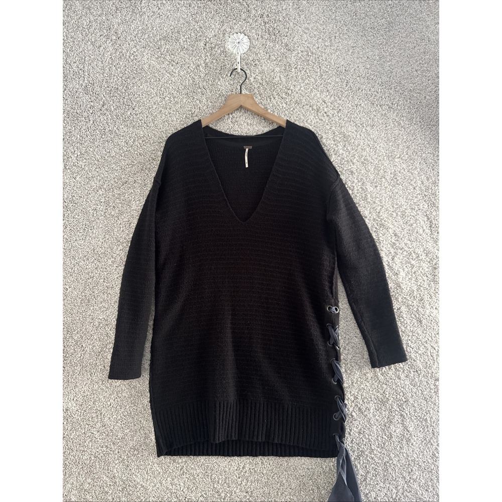 Free People Tunic‎ Sweater Womens Small Black Heart It Laces V Neck Side Tie